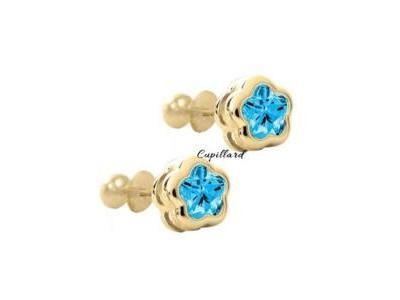 Boucles Doreilles à Vis Fleur Zircon Bleu Ciel Or Jaune 375