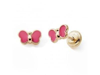 Boucles d'Oreilles Papillon Laque Rose Or Jaune 375 Fermoir Vis N6600V - Réf. N6600V